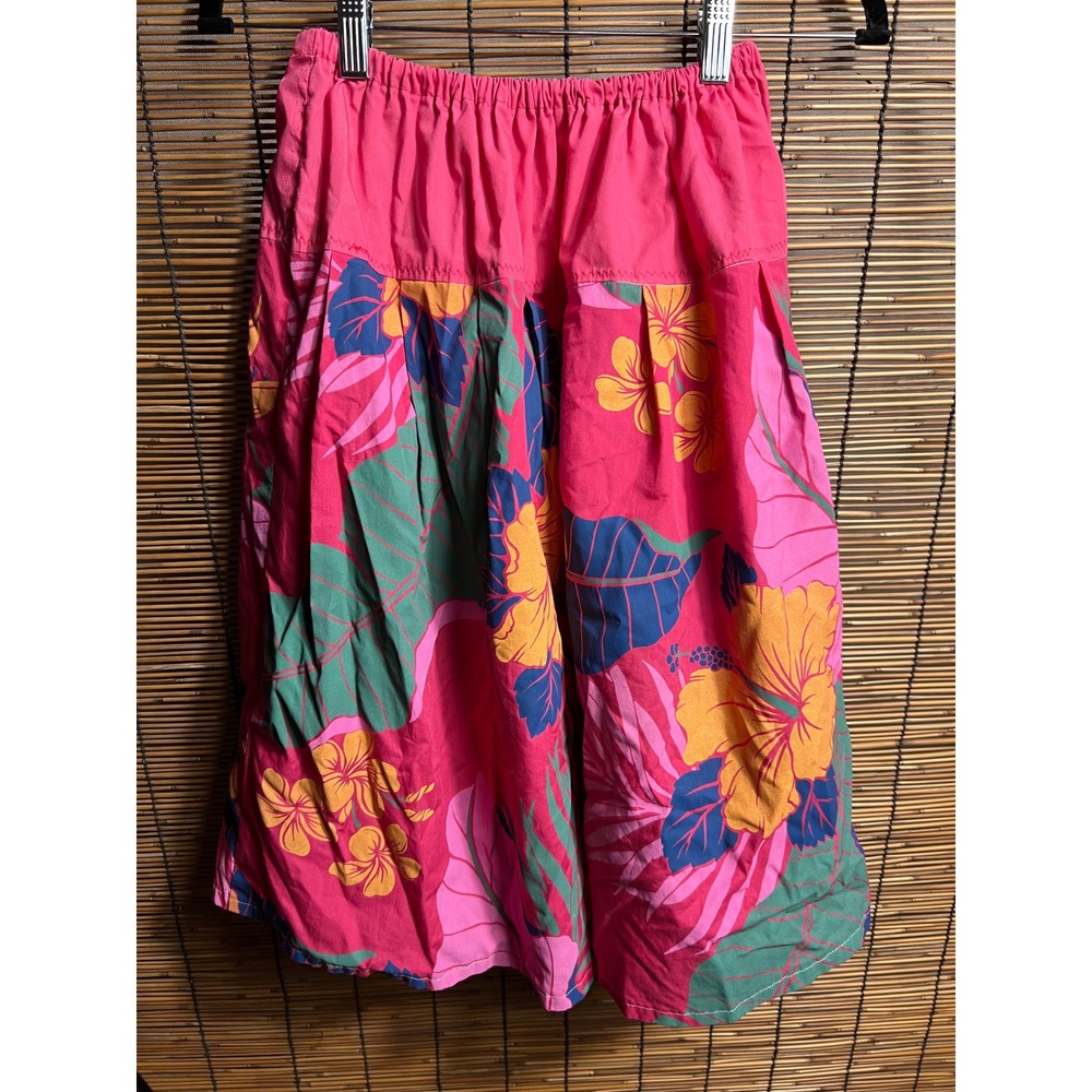 Vintage Tropical Hibiscus Floral Print Midi Skirt Pink Orange Green Elastic C14